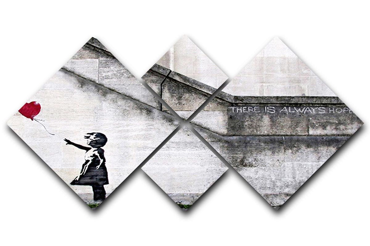 Banksy There is Always Hope 4 Square Multi Panel Canvas artwork featuring four equal square panels with a hopeful design.